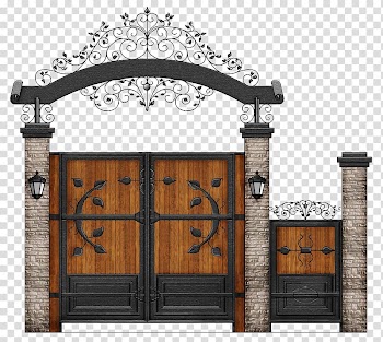 Black metal framed brown wooden gate illustration, Wicket gate Fence , Ornate door transparent background PNG clipart