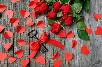 Black Metal Skeleton Key Beside Red Roses Bouquet on Gray Surface