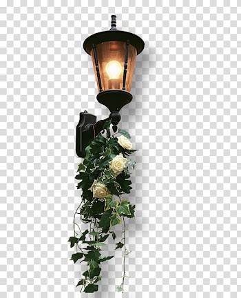 Black sconce and green leaves, Street light Lamp, Traditional street lights transparent background PNG clipart