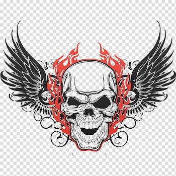 Black skull illustration, Human skull symbolism Wing Tattoo Skull art, Flying skulls transparent background PNG clipart