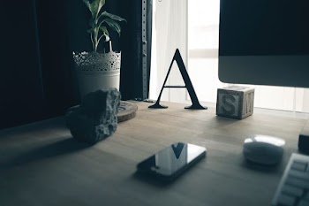 black smartphone near stone, mouse, and plant pot