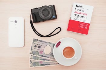 black Sony point-and-shoot camera beside Tuttle Pocket Japanese Dictionary