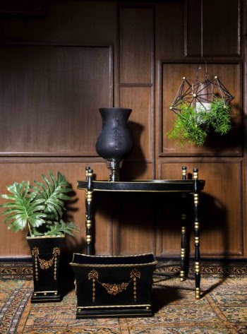 Black Wooden End Table Near Square Brown and Black Wooden Pot and Rectangular Black and Brown Wooden Trunk