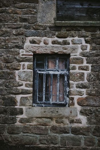 black wooden glass panel window on grey brick wall