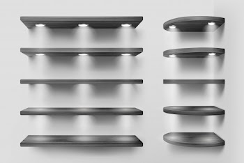 Black wooden shelves with lights, corner racks Free Vector