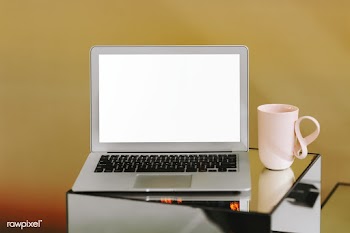 Blank laptop screen and a pink coffee cup | Free stock psd mockup - 488418