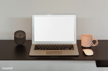 Blank laptop screen and a pink coffee cup | Free stock psd mockup - 488481