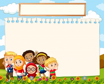 Blank sign template with kids on grass Free Vector