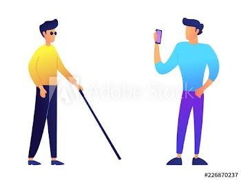 Blind man with walking cane and user with mobile phone vector illustration