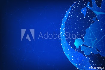 Blockchain technology futuristic hud background with world globe and blockchain polygon peer to peer network