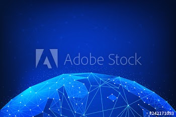 Blockchain technology futuristic hud background with world globe and blockchain polygon peer to peer network