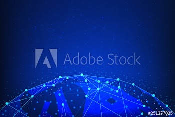 Blockchain technology futuristic hud banner with world globe