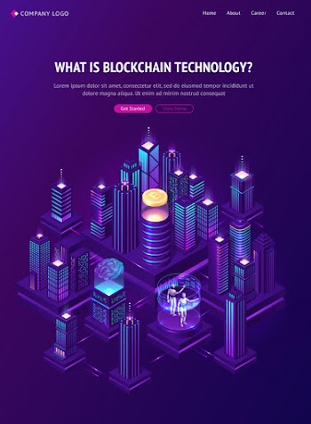 Blockchain technology isometric landing page. Free Vector