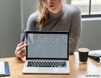 Blond woman pointing at a laptop screen