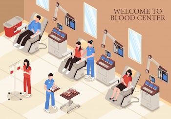 Blood center with donors in chairs modern medical technologies and professional staff isometric illustration Free Vector