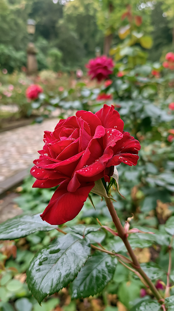 Blooming Red Rose in a Lush Garden