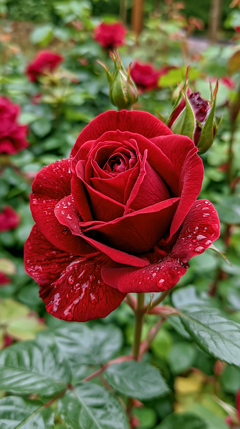 Blooming Red Rose in Palace Garden