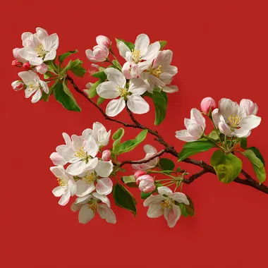Blossoming Apple Tree Branch on Red Background Blossoming Apple Tree Branch on Red Background