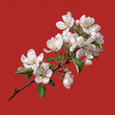 Blossoming Apple Tree Branch on Red Background Blossoming Apple Tree Branch on Red Background