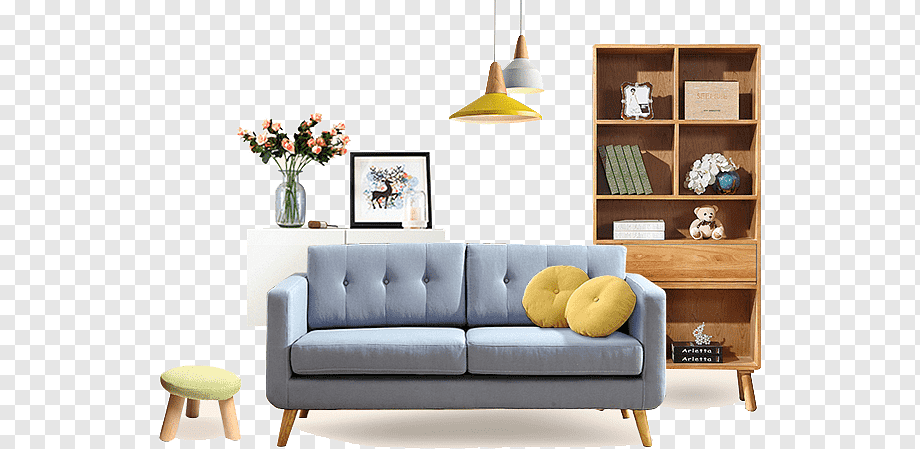 blue 2-seat sofa in room beside brown wooden shelf rack, Furniture Poster Couch, Home Furnishings, angle, household, interior Design png