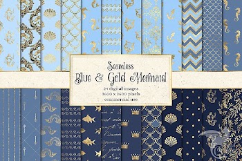 Blue and Gold Mermaid Digital Paper