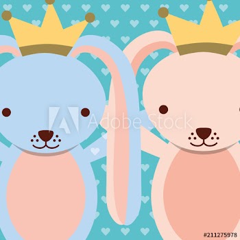 blue and pink rabbits wearing crown dots background