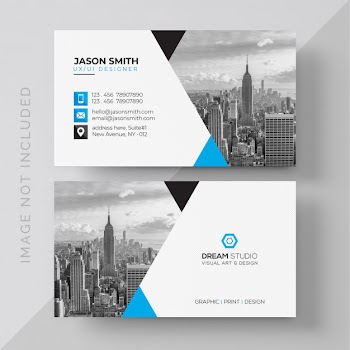 Blue and white business card with photo of city Free Psd