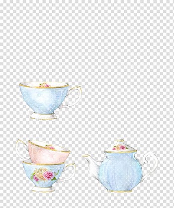 Blue-and-white ceramic teacup set illustration, Watercolor painting Teapot , tea,scented tea,Retro transparent background PNG clipart