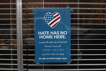Blue and White Hate Has No Home Here Printed Signage
