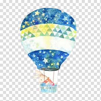 Blue and white hot air balloon, Watercolor painting Balloon Drawing, Bunnies hot air balloon ride transparent background PNG clipart
