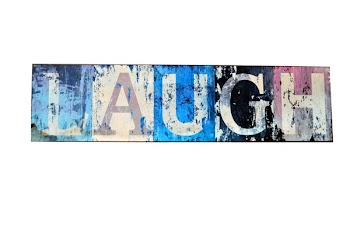 Blue and White Laugh Sign