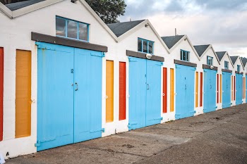 Blue and White Wooden Sheds