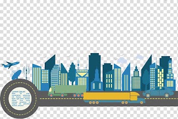 Blue and yellow buildings illustrations, Infographic Infrastructure Illustration, Urban infrastructure banner design material transparent background PNG clipart