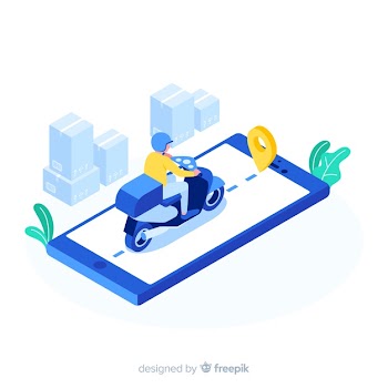 Blue delivery boy isometric style Free Vector