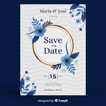 Blue floral wedding invitation template in flat design Free Vector