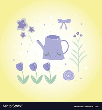 blue flowers and garden watering can