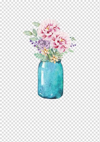 Blue jar with pink and purple flowers, Flower Mason jar Watercolor painting Paper, vase transparent background PNG clipart