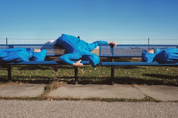 Blue Man on Bench Free Photo 