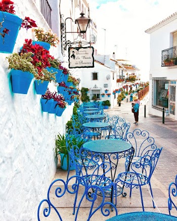 Blue Metal Bistro Sets Near Potted Flowers and Road