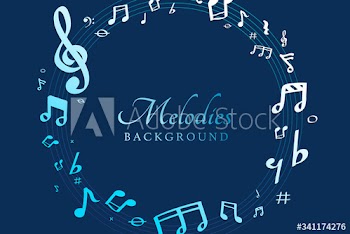 Blue music notes round badge on blue background vector