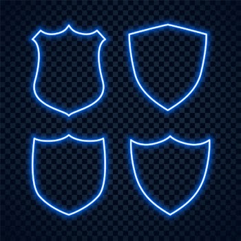 Blue neon security shield protection sign set Free Vector