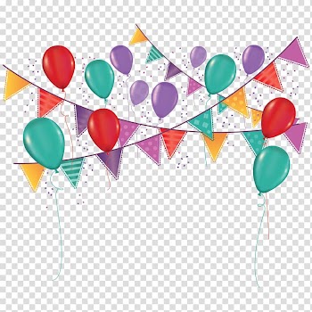 Blue, red, and purple balloons illustration, Party Birthday Carnival Ornament Toy balloon, Balloon pull flag transparent background PNG clipart