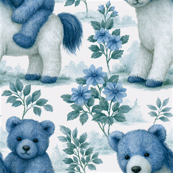Blue Toile Dollhouse Wallpaper with Rocking Horse and Teddy Bear