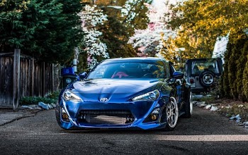 blue Toyota car parking on road between trees