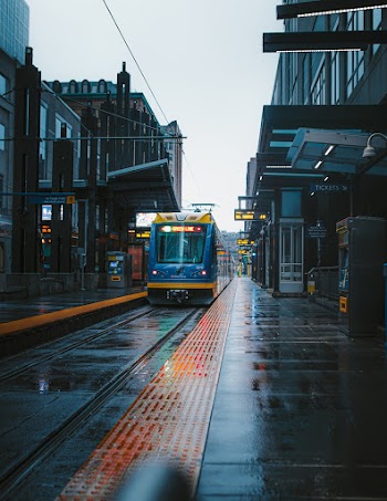 Blue Tram on Road