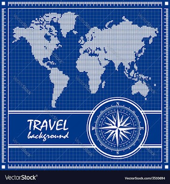 Blue travel background with dotted world map and vector image