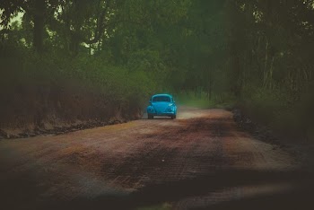 Blue Volkswagen Beetle on a Country Road