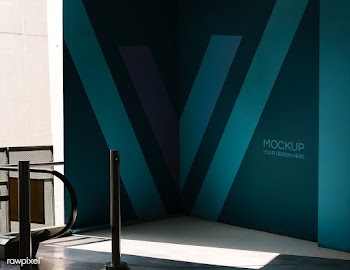 Blue wall mockup near an escalator | Free stock psd mockup - 534772