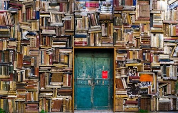 blue wooden door surrounded by book covered wall