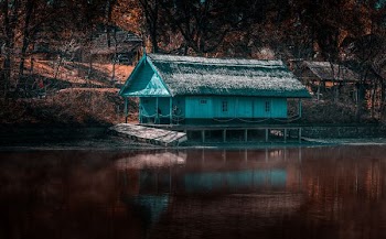 blue wooden house near body of water during daytime